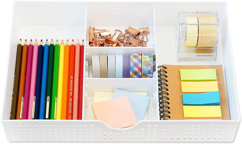 CAXXA 2PK - 3 Slot Drawer Organizer with Two Adjustable Dividers - 5 Compartments Drawer Storage Junk Drawer Organizer for Office Desk Supplies and Accessories, White