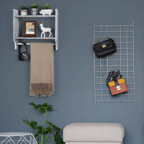 BTY Wood Towel Rack Bathroom Shelves with Towel Bar, Farmhouse Torched 2-Tier Wall Mounted Bathroom Rack Holder Hanging Storage Organizer with Shelf for Kitchen, Bathroom - Rustic Grey