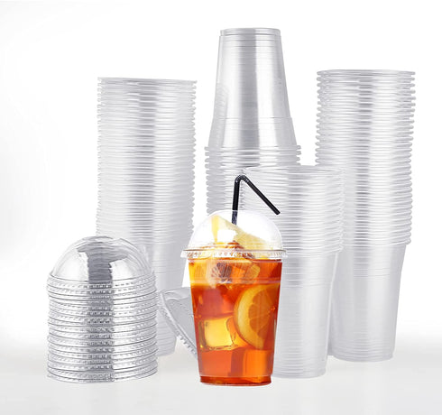 100 PACK 12 oz Clear Plastic Cups with Dome Lids, Disposable Dessert Cups, Parfait cups for Ice Cream, Iced Cold Coffee Drinks, Cupcake, Fruit Cups for Party
