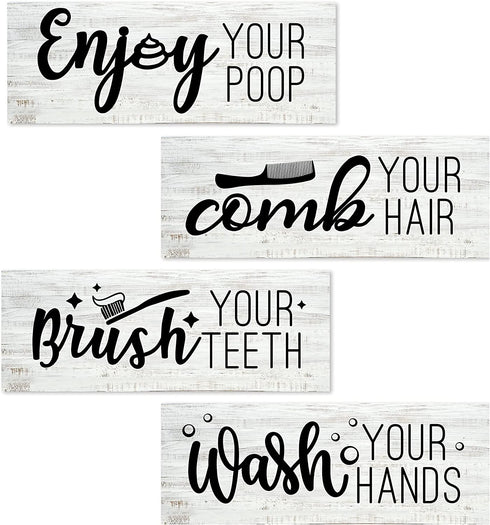 rabbitable 4 Pieces Farmhouse Bathroom Wall Decor,Wash Your Hands Brush Your Teeth Comb Your Hair ,Rustic Wooden Bathroom Wall Arts Decoration Bathroom Funny Sign