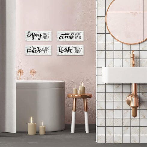 rabbitable 4 Pieces Farmhouse Bathroom Wall Decor,Wash Your Hands Brush Your Teeth Comb Your Hair ,Rustic Wooden Bathroom Wall Arts Decoration Bathroom Funny Sign