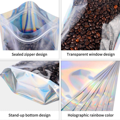 100 PCS Holographic Mylar Bags Stand Up Resealable Mylar Bags 6x9 inch by NPLUX