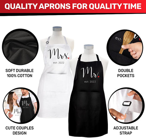 Prazoli His and Her Aprons - Mr Mrs Established 2022 Couples Engagement Gift , Cute Bridal Shower Gift Anniversary Wedding Registry Items & Decoration , Housewarming Gifts For New Home Newlywed Gift