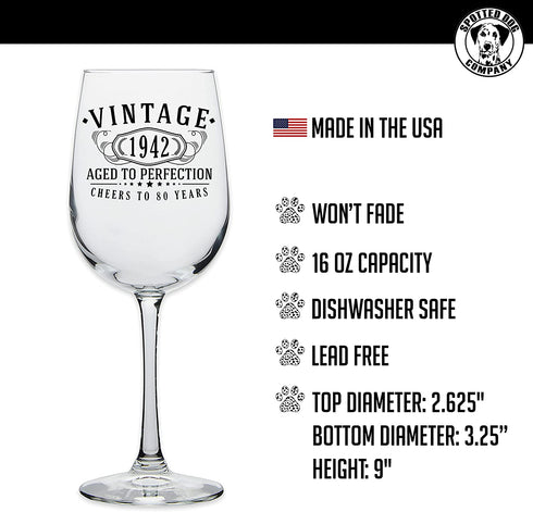 Vintage 1942 Printed 16oz Stemmed Wine Glass - 80th Birthday Aged to Perfection - 80 years old gifts