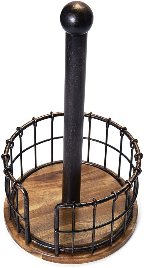 Pfaltzgraff Anvil Wire And Acacia Wood Paper Towel Holder, 13.25-Inch, Antique Black