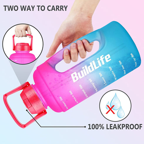 BuildLife Half Gallon Water Bottle - BPA Free Leakproof Water Jug Gradient Motivational Time Marker with Straw & Phone Holder Handle to Remind You Drink More Water