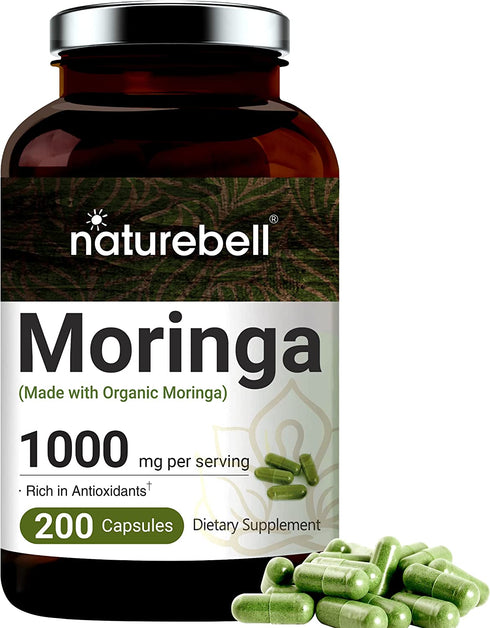Moringa Capsules (Made with Organic Moringa Powder), 1000mg Per Serving, 200 Counts, Strong Antioxidant to Repair, Protect, Nurture Your Skin Cells and Support Immune System, Non-GMO