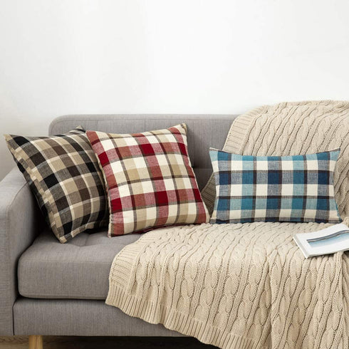 MIULEE Pack of 2 Decorative Throw Pillow Covers Check Buffalo Plaids Pillowcase Linen Square Cushion Case for Decor Sofa Couch Bedroom Red and Tan 20x20 inch