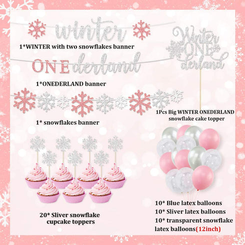 Winter Onederland Birthday Decorations, Girls Birthday Party Decoration, Banner, Cake Toppers, Pink Silver Snowflake Balloons Garland for Winter Wonderland Shower Winter First Birthday Party Supplies