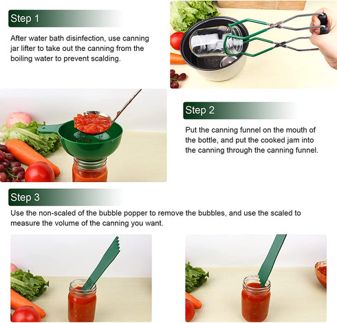 Canning Supplies Starter Kit, 8 Piece Set, Canning Tools and Accessories with Jar Funnel, Jar Lifter, Kitchen Tongs, Magnetic Lid Lifter, Jar Wrench, Silicone Spatulas, Bubble Popper, Label, Green