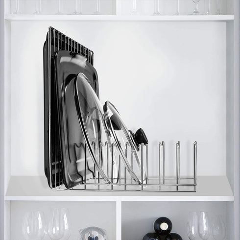 SANNO Pot Lid Organizer, Rack Holder Rest Storage, for Pot Lids, Plates, Cutting Boards, Bakeware, Cooling Rack, Serving Trays, Total 8 Compartments, Stainless Steel