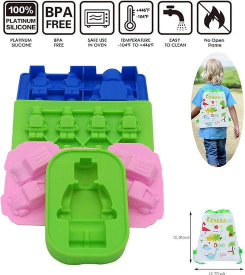 Nuoda Chocolate Candy Silicone Mold, Building Blocks Ice Tray, Robots and Cars Fondant Mold with Children Party Drawstring Gift Bag-Easy to Use and Clean