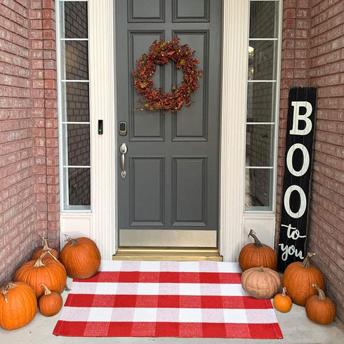 USTIDE Buffalo Check Plaid Doormat Red and White 2'x3'Hand Woven Cotton Plaid Rugs Farmhouse Layered Door Perfect for Front Door Porch Outdoor Rug