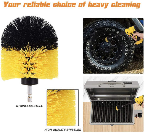 Shieldpro Drill Brush Attachment Set,Power Cleaning Scrub Brush,All Purpose Drill Brushes with Extend Long Attachment for Bathroom and Kitchen Surface,Grout,Tub,Shower,Tile,Corners, Automotive-Yellow