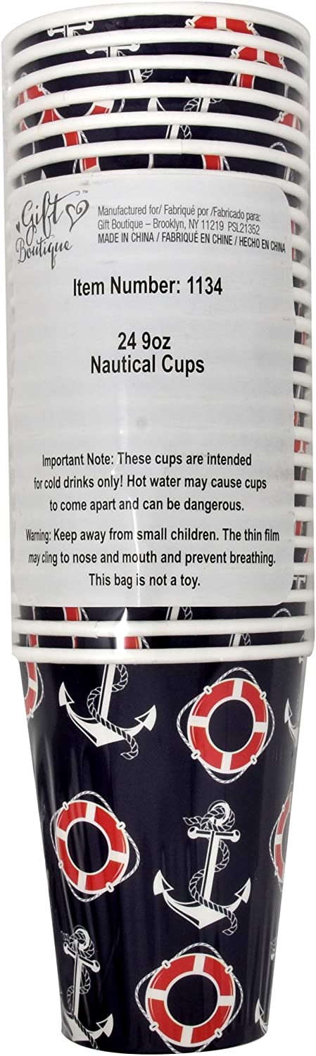 Nautical Anchor Party Supplies Set 24 9" Plates 24 7" Plate 24 9 Oz Cups 50 Luncheon Napkins Sailor Boat Ship Theme Navy Red White Striped Birthday Baby Shower Disposable Tableware Decor Gift Boutique