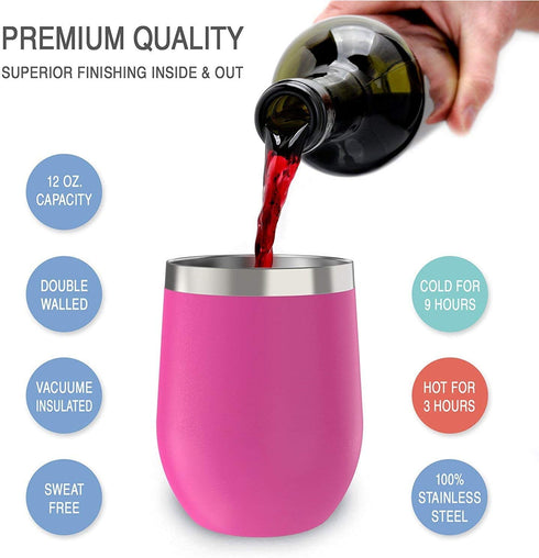 CHILLOUT LIFE Stainless Steel Wine Tumblers 2 Pack 12 oz - Double Wall Vacuum Insulated Wine Cups with Lids and Straws Set for Coffee, Wine, Cocktails - Hot Pink
