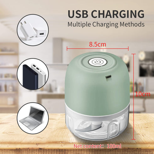 Electric Garlic Chopper USB Rechargeable Wireless Vegetable Mincer Portable Mini Baby Food Processor Onion Mincer for Vegetables/Parsley/Chili/Ginger ,(100ml) Green