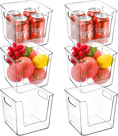 Hedume 6 Pack Plastic Open Front Food Storage Bin, 6.5" Wide Clear Pantry Organizer Bins with Cutout Handles, Household Food Storage Basket for Kitchen, Countertops, Refrigerator, Cabinets