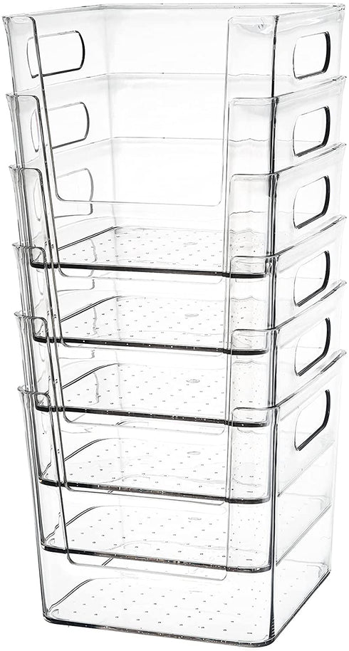 Hedume 6 Pack Plastic Open Front Food Storage Bin, 6.5" Wide Clear Pantry Organizer Bins with Cutout Handles, Household Food Storage Basket for Kitchen, Countertops, Refrigerator, Cabinets