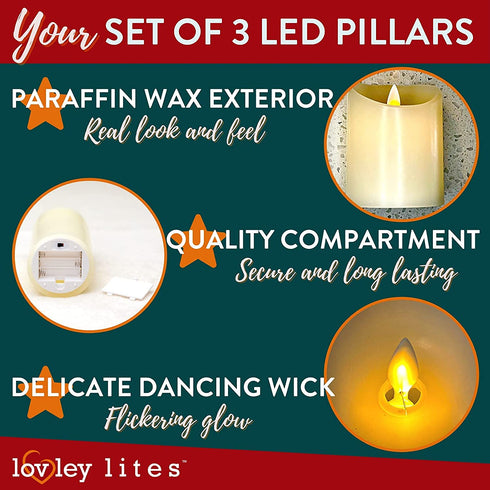 Lovley Lites Set of 3 LED Pillar Candles - 4,5,6 Inch Tall Flickering Flameless Candles + Wire Fairy Lights + Wood Tray, Safe Elegant Smart Battery Candles with Remote Control