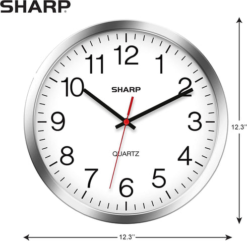 SHARP Wall Clock Silver/Chrome, Silent Non Ticking 12 Inch Quality Quartz Battery Operated Round Easy to Read Home/Kitchen/Office/Classroom/School Clocks, Sweep Movement