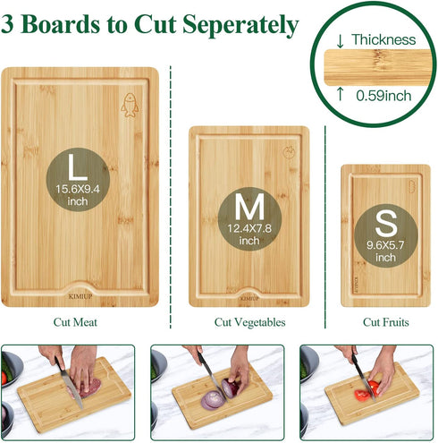 KIMIUP Bamboo Cutting Board Set for Kitchen, Wood Cutting Board Set of 3, Kitchen Chopping Board With Juice Grooves and Built-in Handles, Cutting Boards with Holder