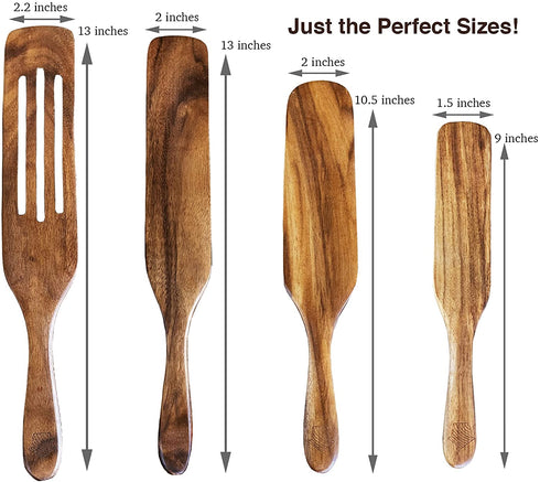 Wooden Spurtle Set, Teak Spurtles Kitchen Tools, Wooden Spatula for Cooking, Wood Utensils Set of 4, Non Stick Cookware for Serving, Stirring, Mixing, Scraping, Scooping, Healthy and Heat Resistant.