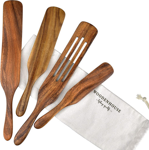 Wooden Spurtle Set, Teak Spurtles Kitchen Tools, Wooden Spatula for Cooking, Wood Utensils Set of 4, Non Stick Cookware for Serving, Stirring, Mixing, Scraping, Scooping, Healthy and Heat Resistant.