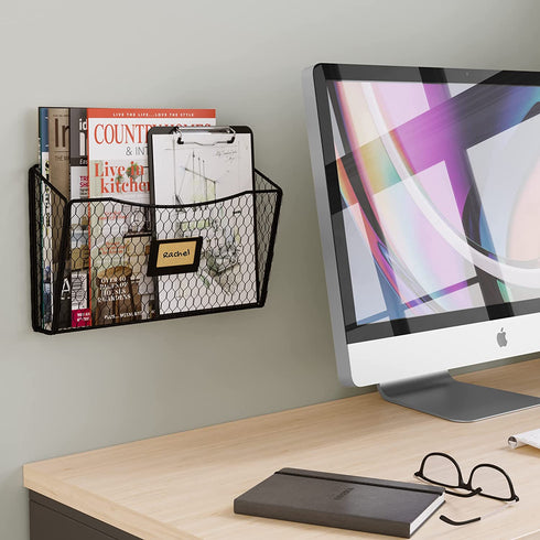 Wall35 Felic Hanging File Organizer, Folder and Mail Holder for Wall, Metal Chicken Wire Baskets with Tag Slot