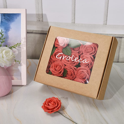 Groleca Artificial Flowers Real Touch Foam Dark Red Fake Roses 50Pcs with Stems for DIY Wedding Bouquets Bridal Shower Centerpieces Floral Arrangements Party Tables Home Decorations (Dark Red)