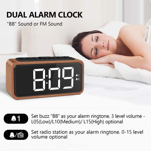 Radio Alarm Clock, Large LED Display Wood Digital FM Alarm Clock, Adjustable Brightness Dimmer and Snooze, Simple LED Clock with Dual Alarm, 12/24 Hour, Powered by AC Adapter (White LED)