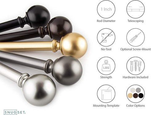 SnugSet | Ultra Sturdy Steel Rod | 4 Brackets for Additional Support | Quick Easy Install | Patented Hardware w/ No Tools Option | 1" Wide Rod | Supports Heavy Fabrics | Black Ball Finial | 72" - 144"
