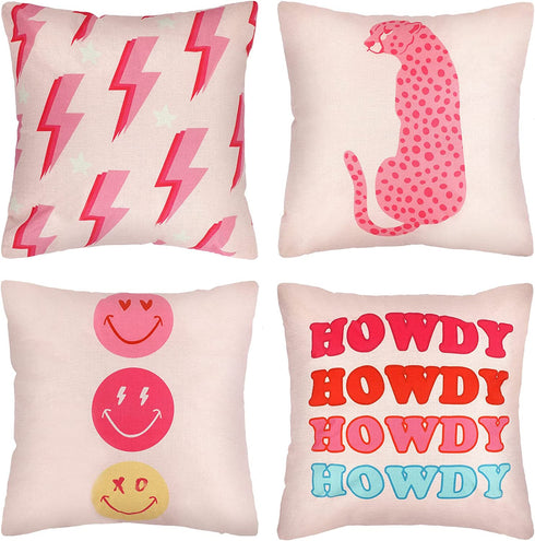 Decorative Preppy Throw Pillows Cushion Covers 4 Pcs Leopard Hot Pink Pillowcover Smile Face Room Decor Thunder Preppy Stuff Room Decor Aesthetic Howdy Pillows Case for Teen Home Decor, 18 x 18 Inch