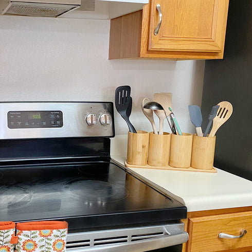 365Home Bamboo Silverware Organizer Flatware Utensil Caddy Bamboo Utensil Holder Wooden Cutlery Holder with Bamboo Tray for Kitchen Countertop Farmhouse (Not Icon)
