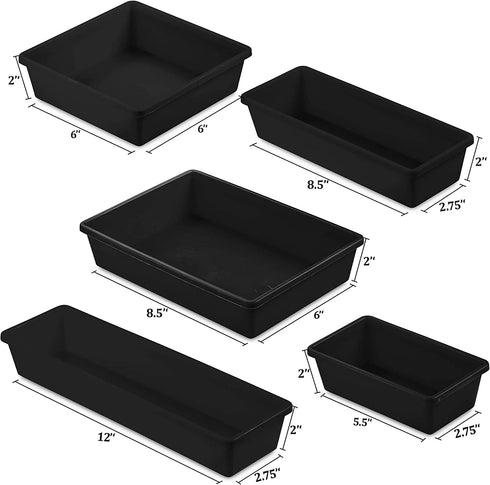 Zilpoo 10-Piece Plastic Drawer Bins, Kitchen Utensils Organization Trays, Bathroom Supplies Accessory Organizer, Vanity Makeup Storage Baskets, Black