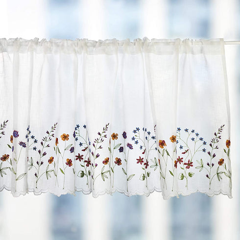 WEMAY KFL027 Sheer Embroidery Pastoral Style Cafe Curtain Kitchen Curtain Floral Window Valance,W60XL18 inch (Wild Flower)