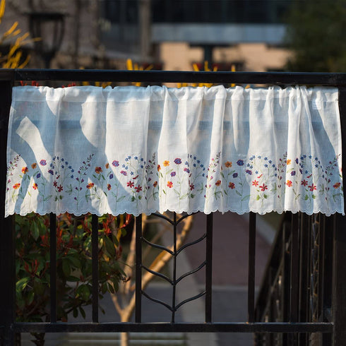 WEMAY KFL027 Sheer Embroidery Pastoral Style Cafe Curtain Kitchen Curtain Floral Window Valance,W60XL18 inch (Wild Flower)