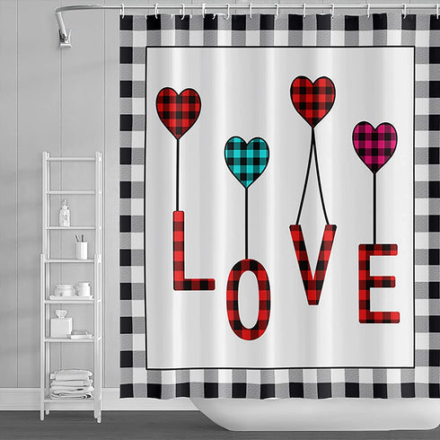 Happy Valentine's Day Shower Curtain Red Love Heart with Buffalo Plaid Love Farmhouse Shower Curtains for Couple Lover Bathroom Home Decor 72x72 Inch Waterproof Fabric with Hooks