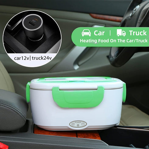 electric lunch box for car and home,heated lunch boxes for adults, lunch warmer portable 12V/24V/110V,portable thermos with Spoon and Two Compartments (Green)