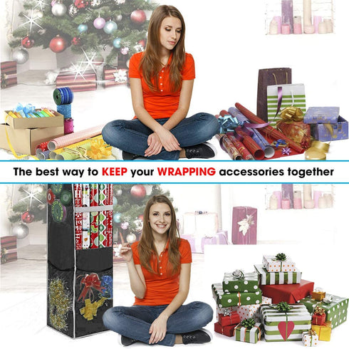 ProPik Holiday Hanging Wrapping Paper Storage Bag Organizer Swivel Hanger 360 Degree Multiple Mesh Pockets and Loops Holds Up to 25 Rolls 40 Inch Plus Space for Ribbons Bows and Gift Wrap (Black)