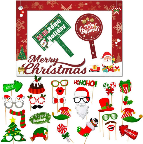 Christmas Photo Booth Props Kit, 32PCS Photo Props with Large Photo Booth Frame (20x28?), DIY Christmas Picture Props Selfie Accessories, Perfect for Xmas Holiday Party Decoration