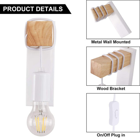 VANSINTEK LED Wall Sconce, E26 Wall Lamp for Bedroom Bedside Reading Sconces Industrial Wall Mounted Lighting Modern Wood White with On/Off Switch Decor Wall Lamp with Plug in Cord(Bulb Excluded)