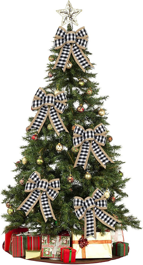 cprocx 4 Pieces Black White Buffalo Plaid Bow,Rustic Burlap Crafts Wreath Bow, Wall Home Front Door Decorative Ornaments