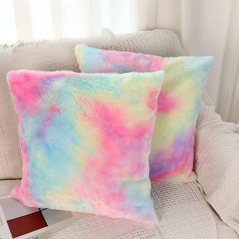 Pink Cute Decorative Throw Pillows Covers Pack of 2 Soft Fluffy Blush Faux Fur Large Throw Pillow for Couch Bed Decor Sofa Comfy Chair for Bedroom Rainbow Girls Cuddle Cushion 18x18