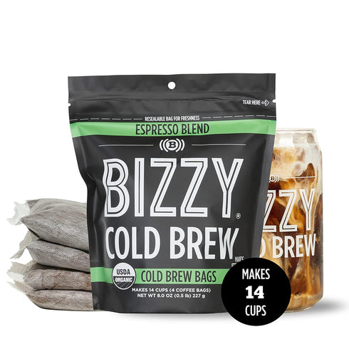 Bizzy Organic Cold Brew Coffee | Espresso Blend | Coarse Ground Coffee | Micro Sifted | Specialty Grade | 100% Arabica | Brew Bags | 4 Count | Makes 14 Cups