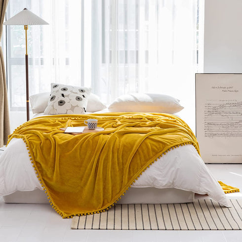 BT.WA Throw Blanket with Pompom Fringe Soft Cozy Flannel Blanket for Couch Sofa Bed Camping Travel Home Decor (Yellow, 51"x63")