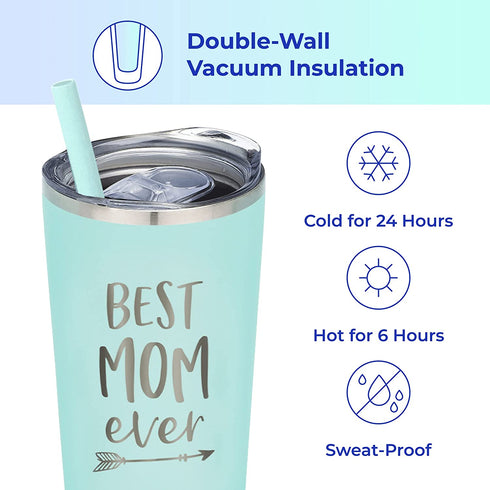 Best Mom Ever Gift - Stainless Steel Insulated Tumbler with Slide Close Lid and Straw- Engraved Travel Coffee Mug - Mom Gifts, Mom Birthday Gifts from Daughter, Son - Mother's Day Gifts for Mom, New Mom, Mint, 22oz