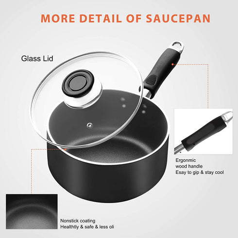 Classic Nonstick Saucepan with Straining and Glass Lid Cover, 2-Quart Aluminum Covered Sauce Pan for Home Kitchen, Dishwasher Safe Multipurpose Pot with Ergonomic Handle, Induction Compatible(2 Quart)