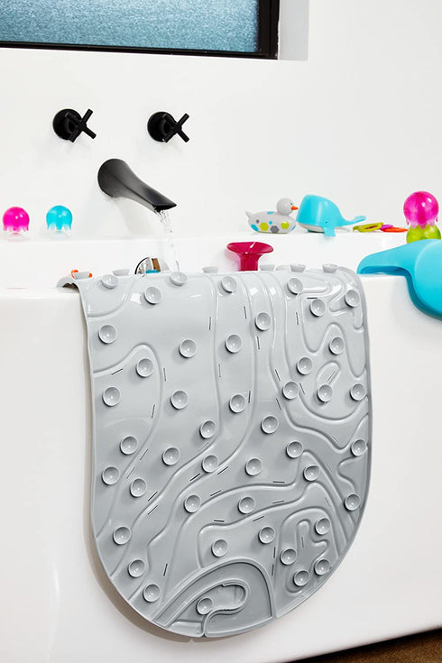 Boon GRIFFLE Textured Non Slip Baby Bath Tub Mat with Hanging Hook and Drain Holes, Gray