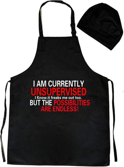 Zanyuan Technology Currently Unsupervised Novelty Graphic Sarcaic Mens Very Funny Kitchen Apron Chef Hat, Unisex - Black (Currently Unsupervised)